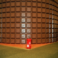 A chocolate wall and fire extingisher